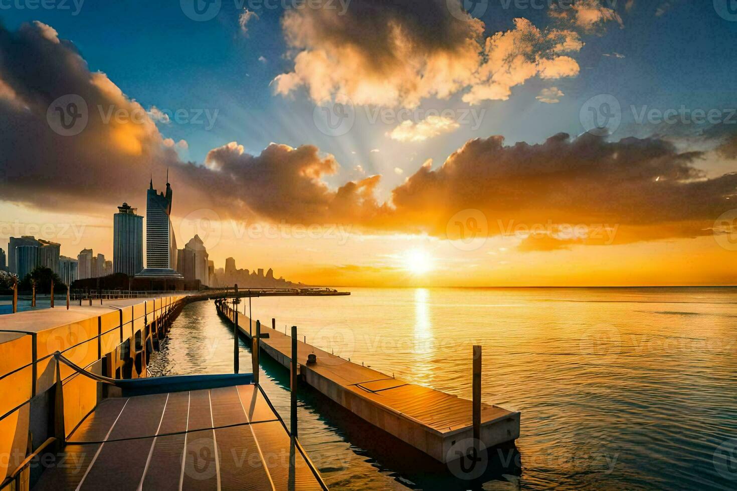 the sun sets over the water in front of a city skyline. AI-Generated photo