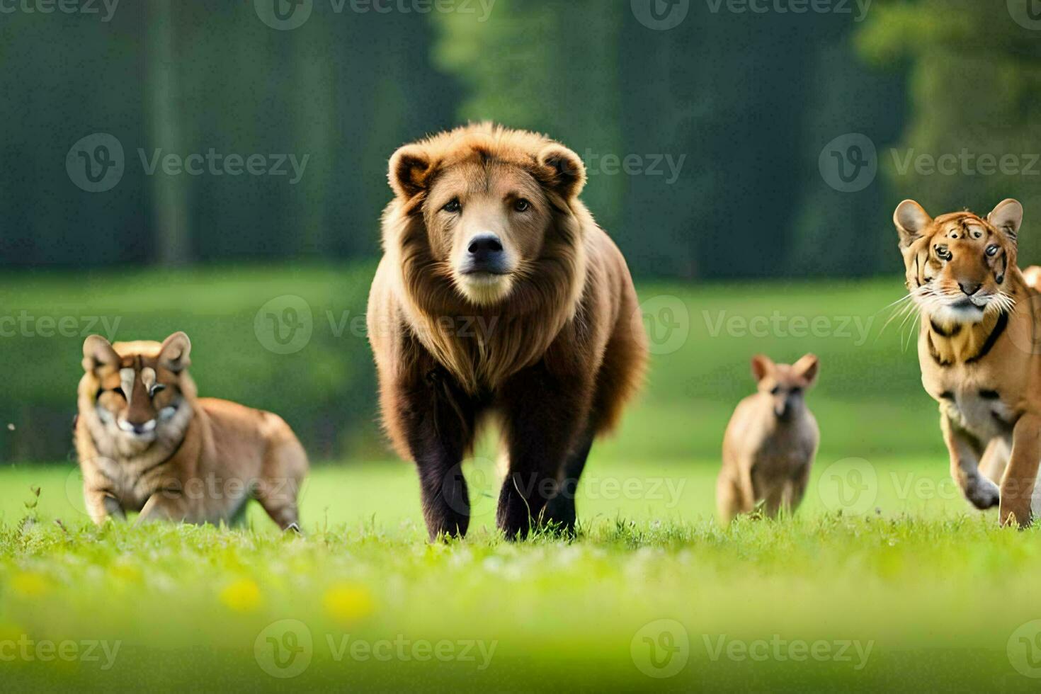 a group of tigers and a lion walking in the grass. AI-Generated photo