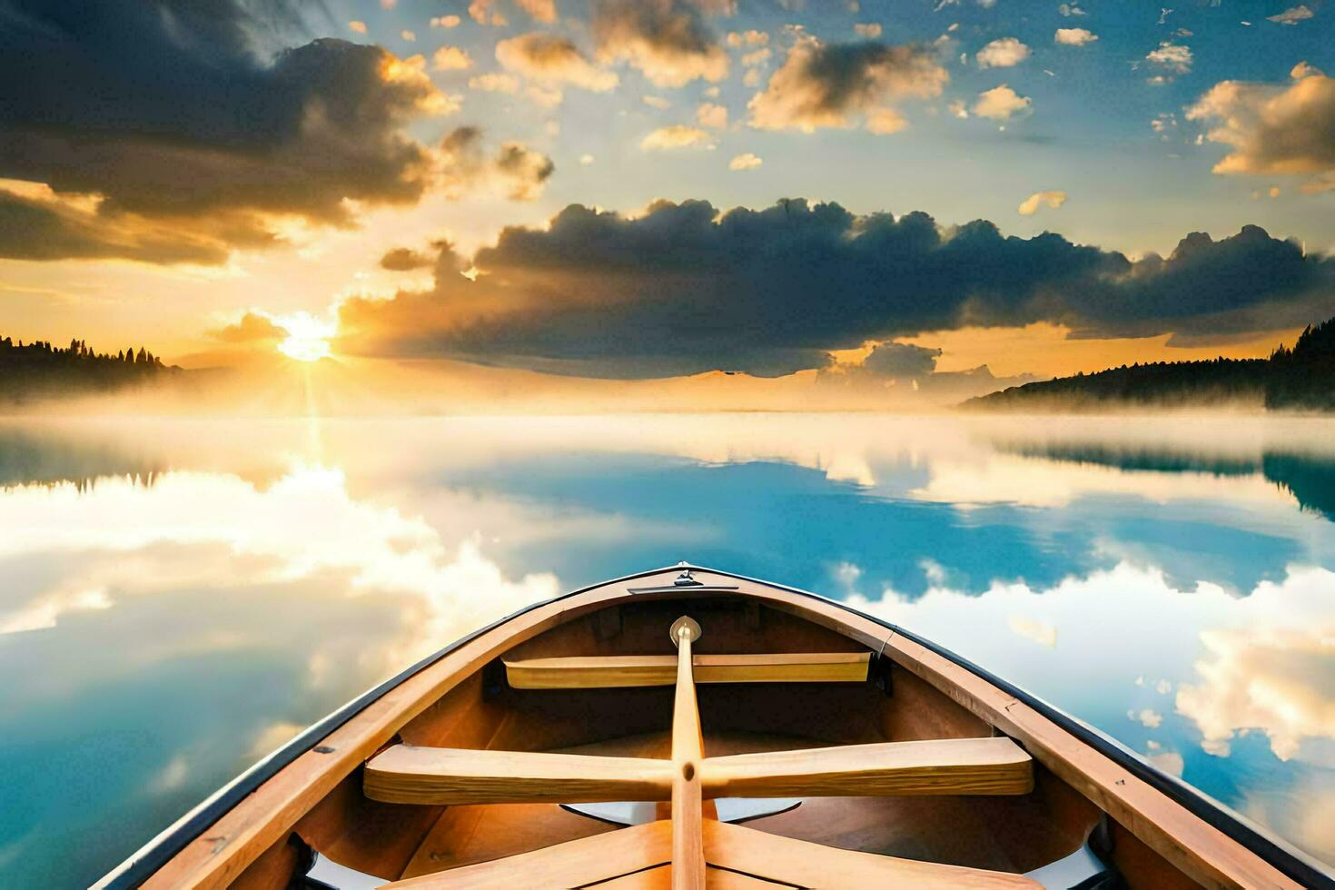 the boat is on the calm lake at sunset. AI-Generated photo