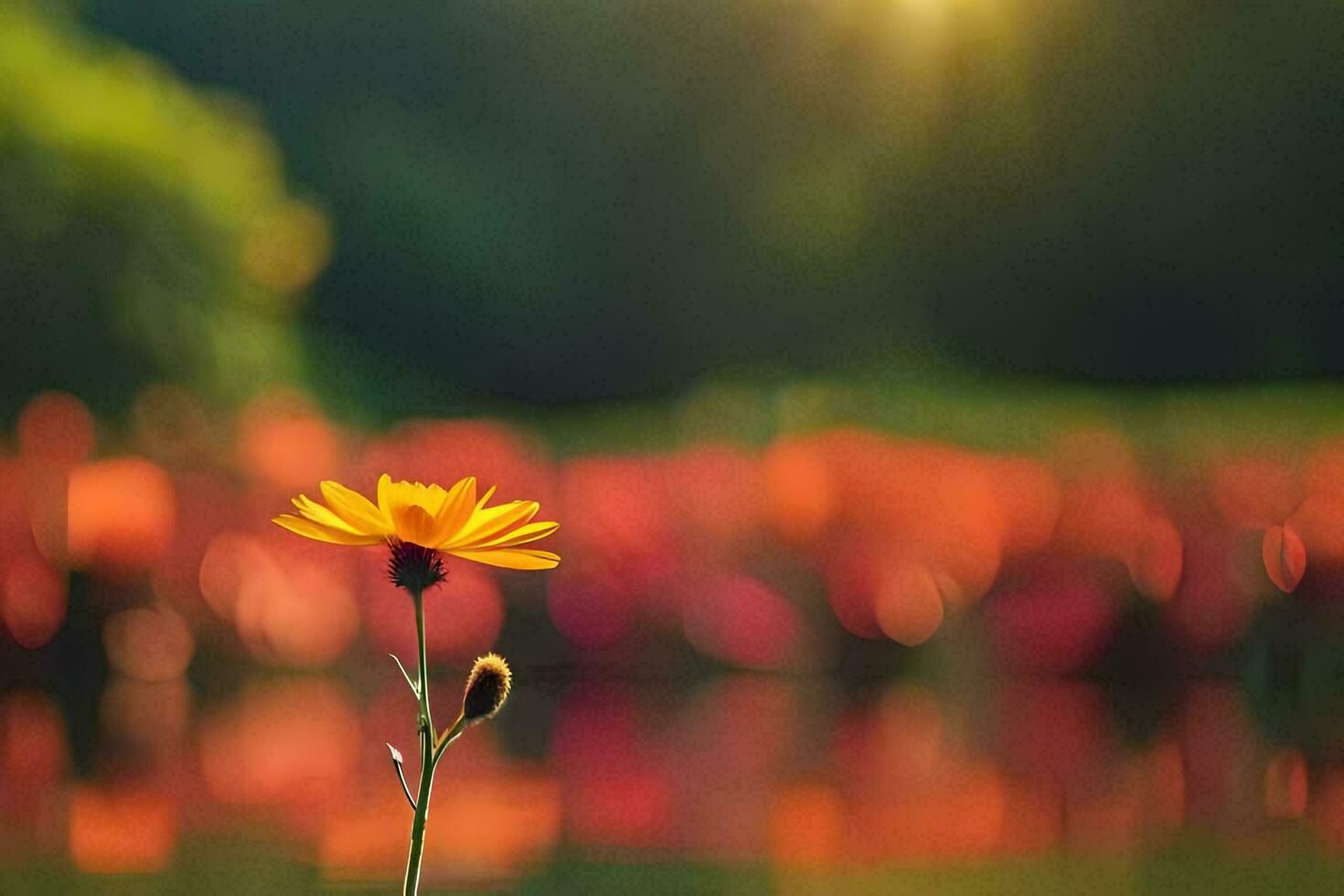 a single yellow flower stands in front of a lake. AI-Generated photo
