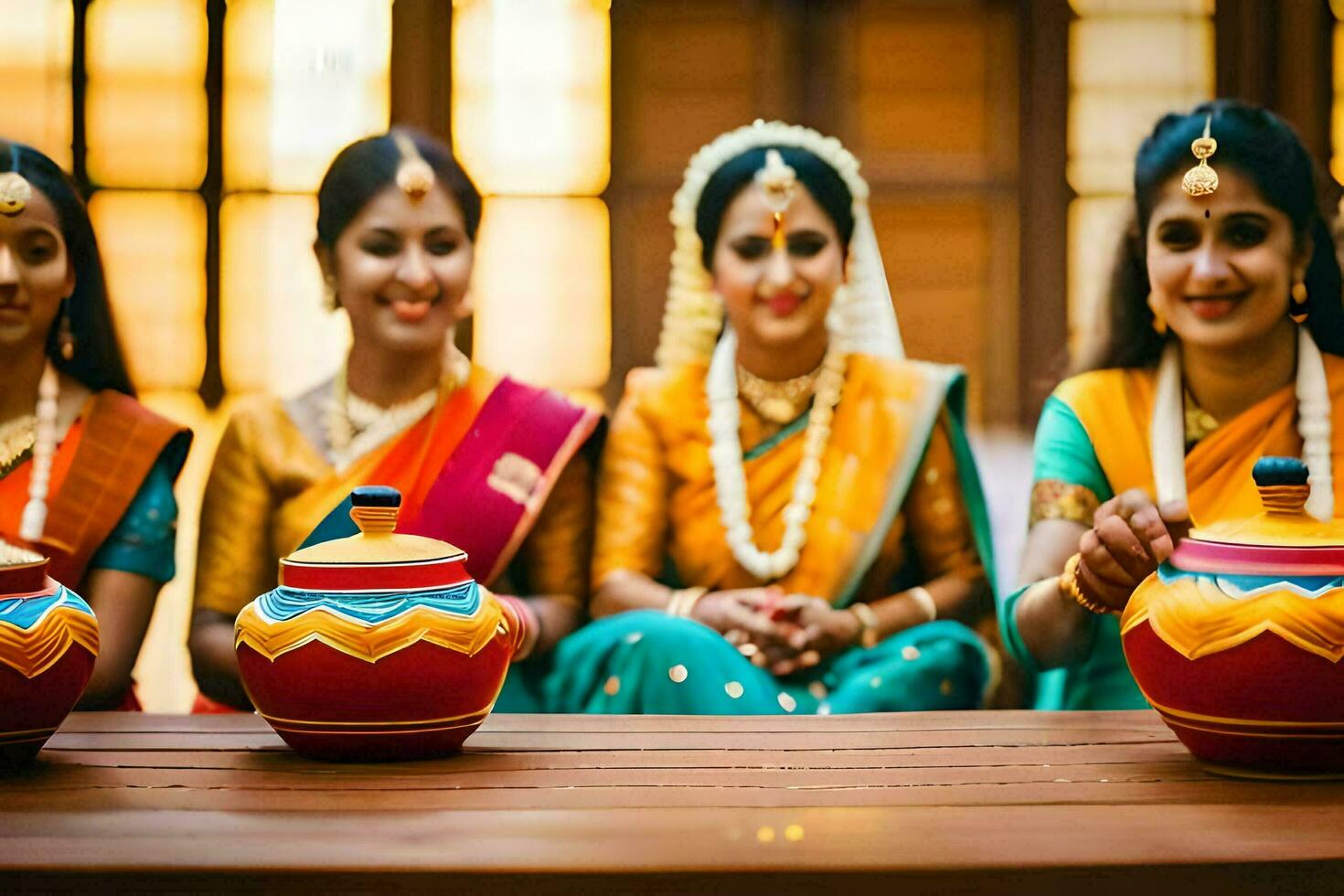 three women in traditional saris sitting around a table with pots. AI-Generated photo