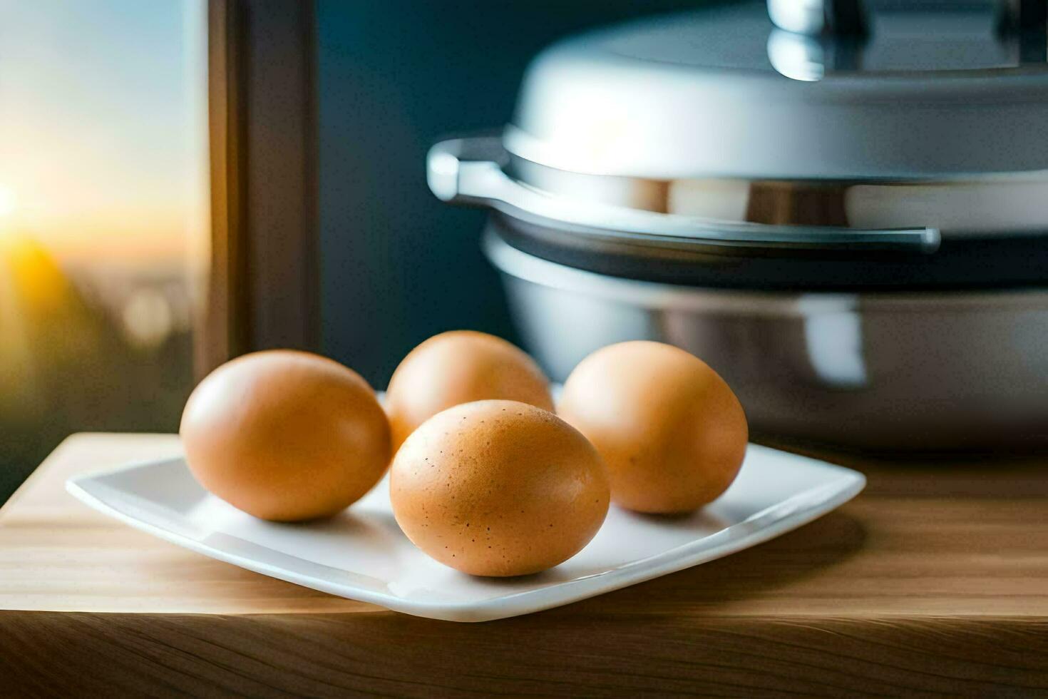 eggs on a plate next to an electric pressure cooker. AI-Generated photo