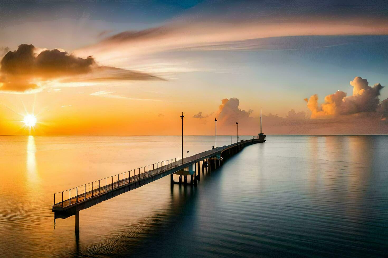 a pier with a sunset over the water. AI-Generated photo