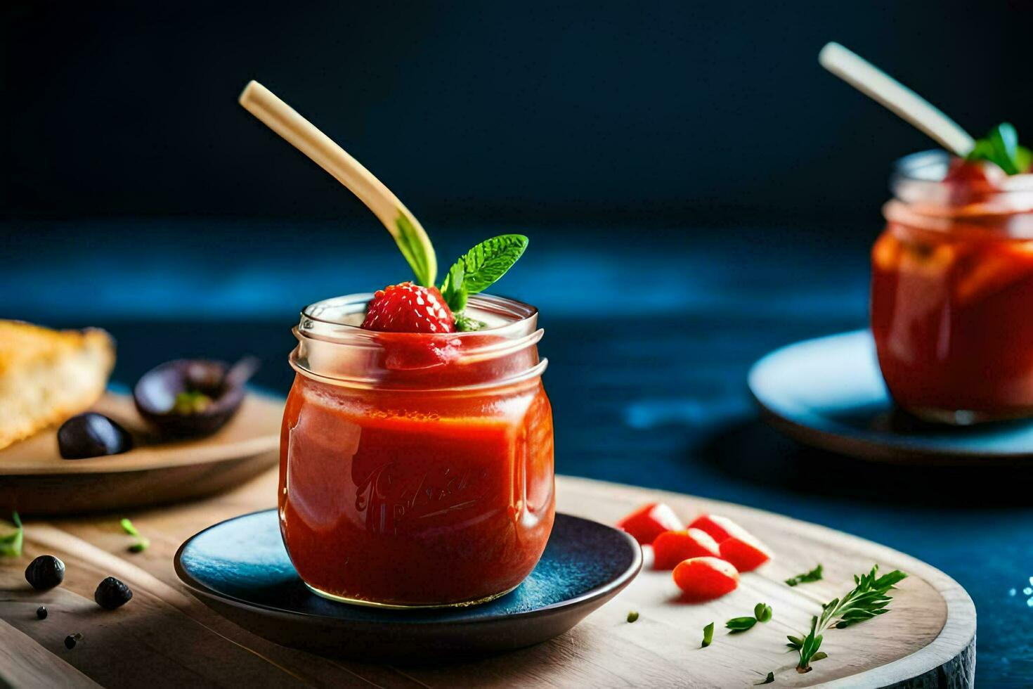 two jars of tomato sauce with a spoon and a slice of bread. AI-Generated photo