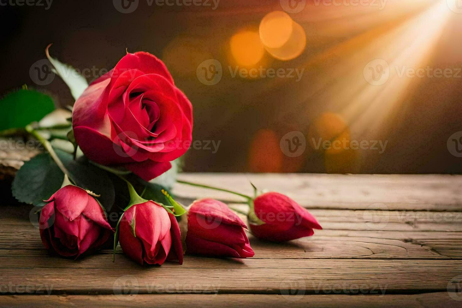 red roses on a wooden table with sunlight. AI-Generated photo