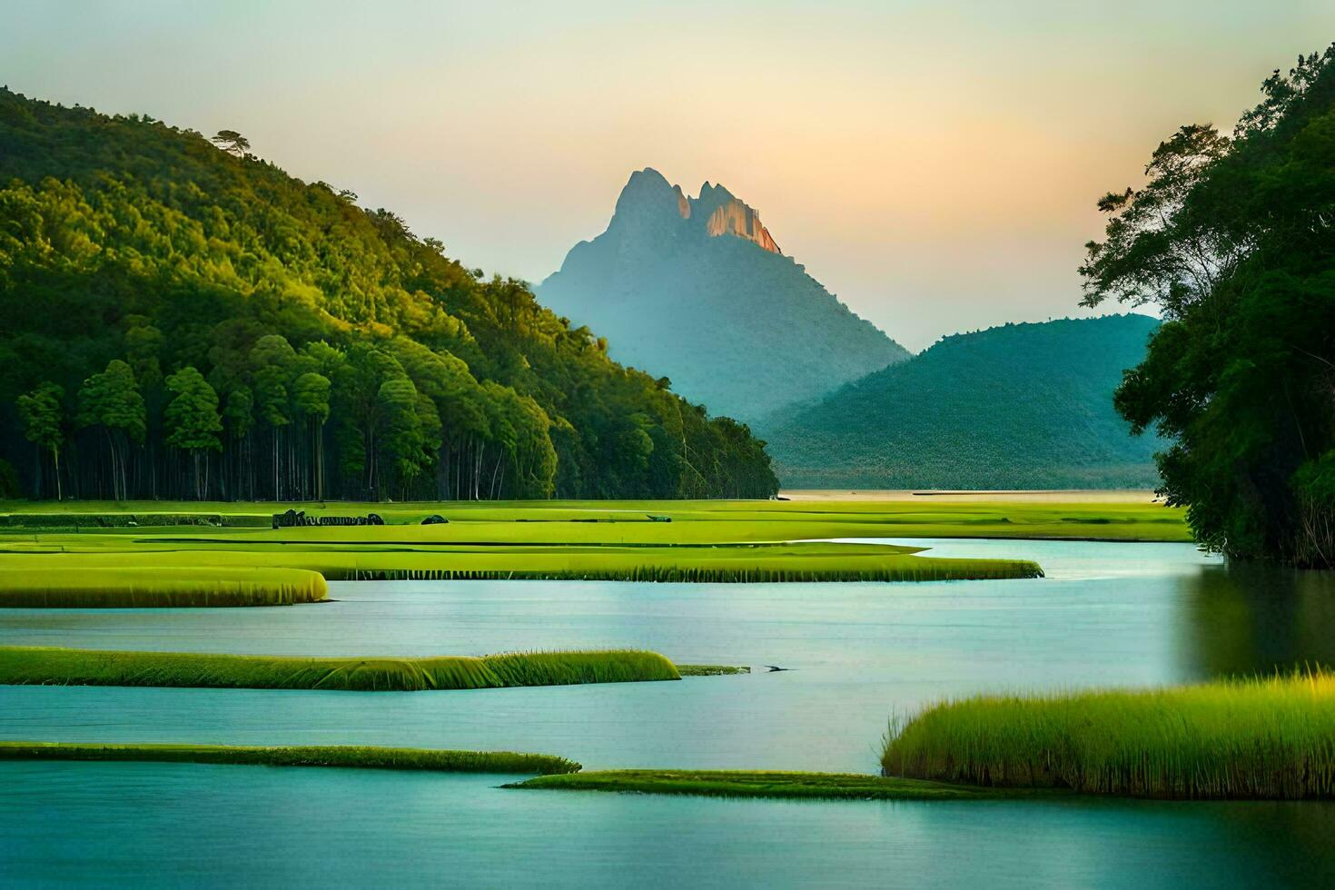 the mountains and river are surrounded by green grass. AI-Generated photo