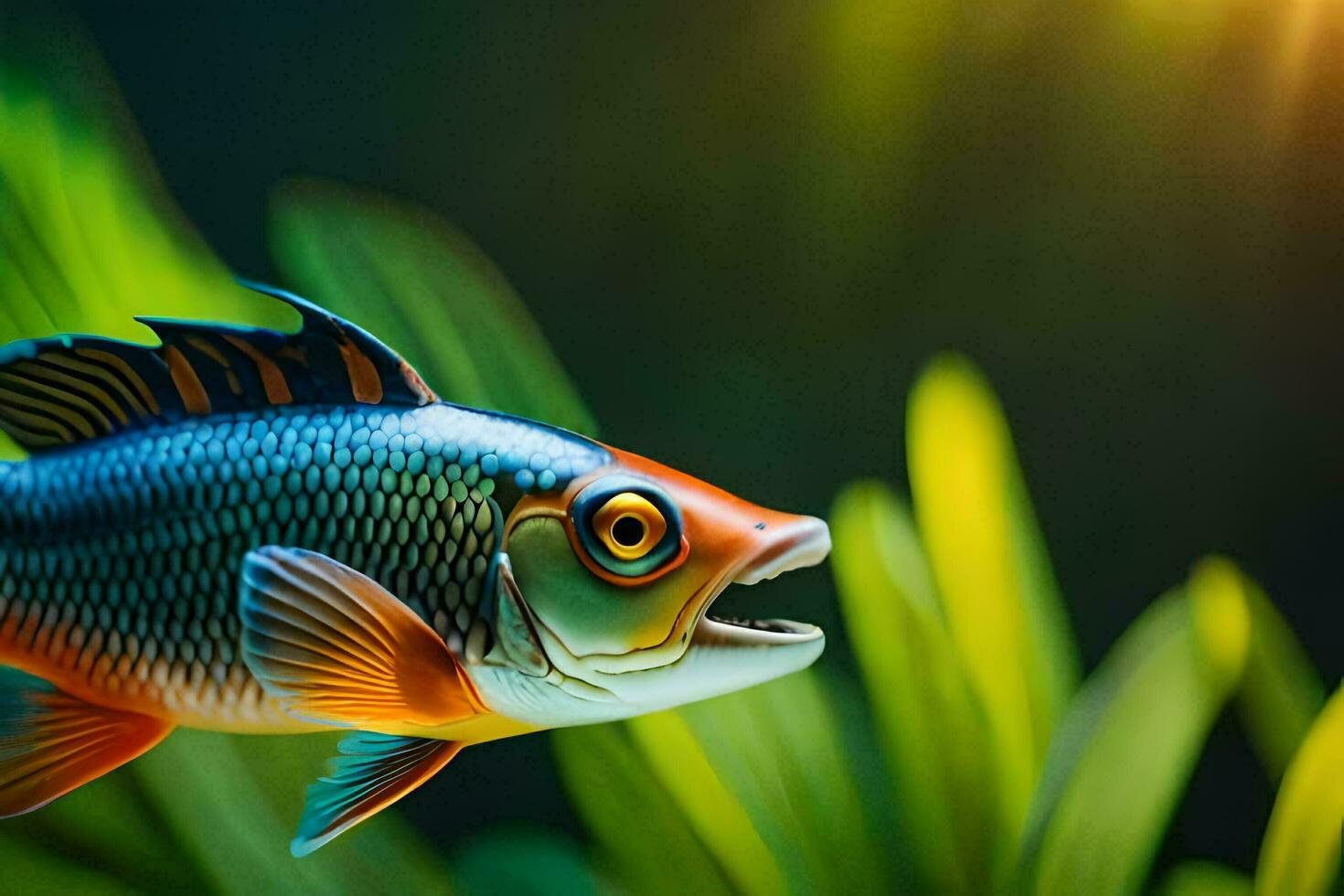 a fish with bright colors is swimming in the water. AI-Generated photo