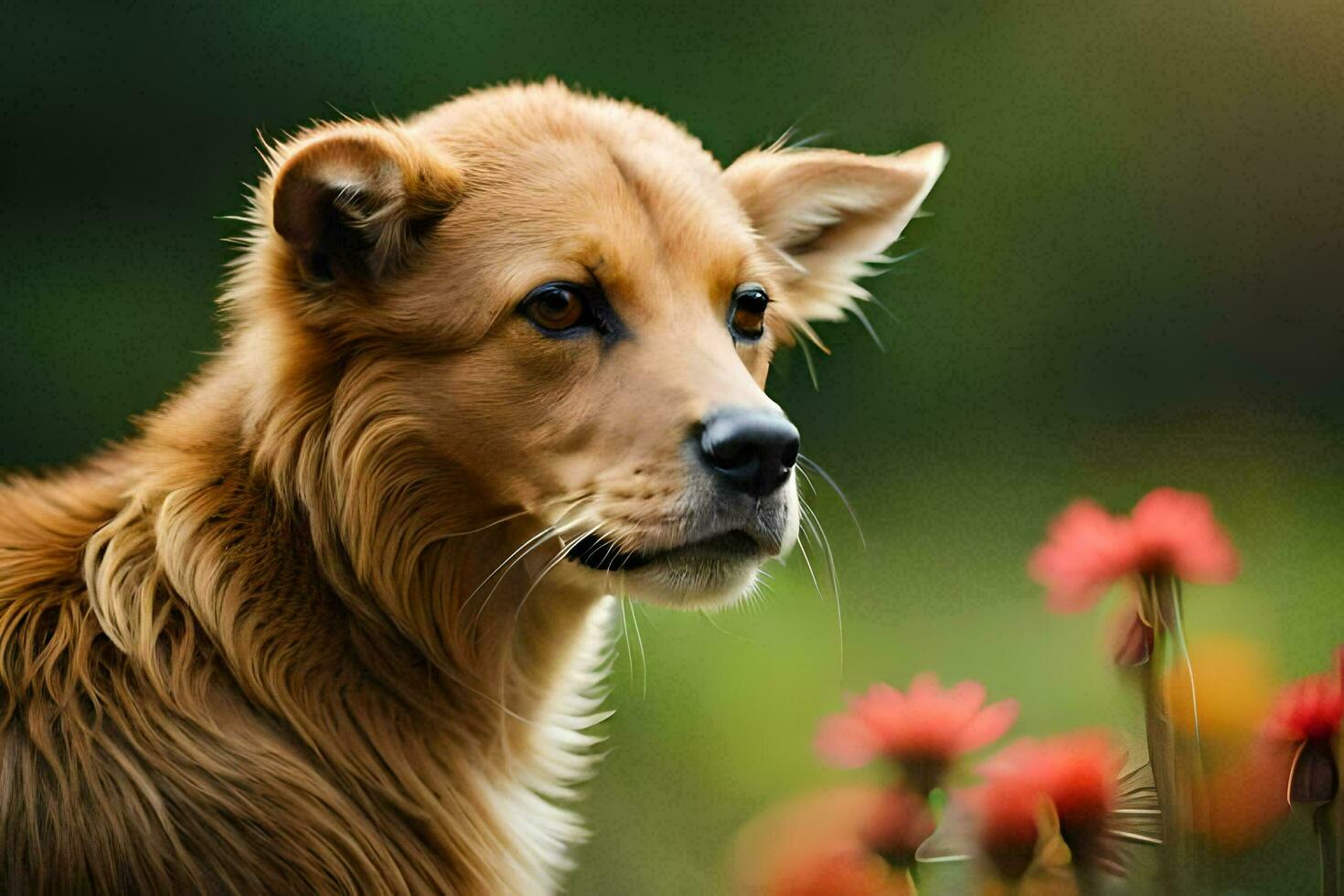 a dog is looking at the camera with flowers in the background. AI-Generated photo