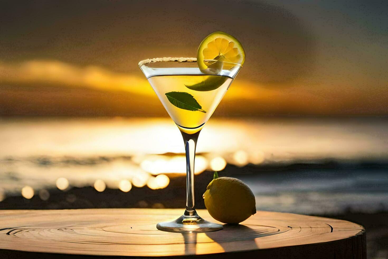 a cocktail with lemon and a sunset in the background. AI-Generated photo