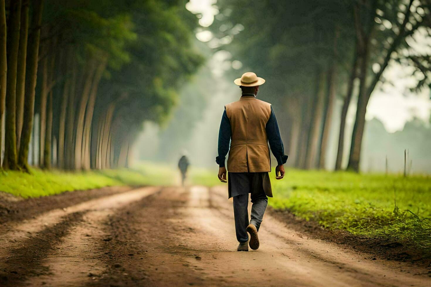a man walking down a dirt road in the middle of a forest. AI-Generated photo