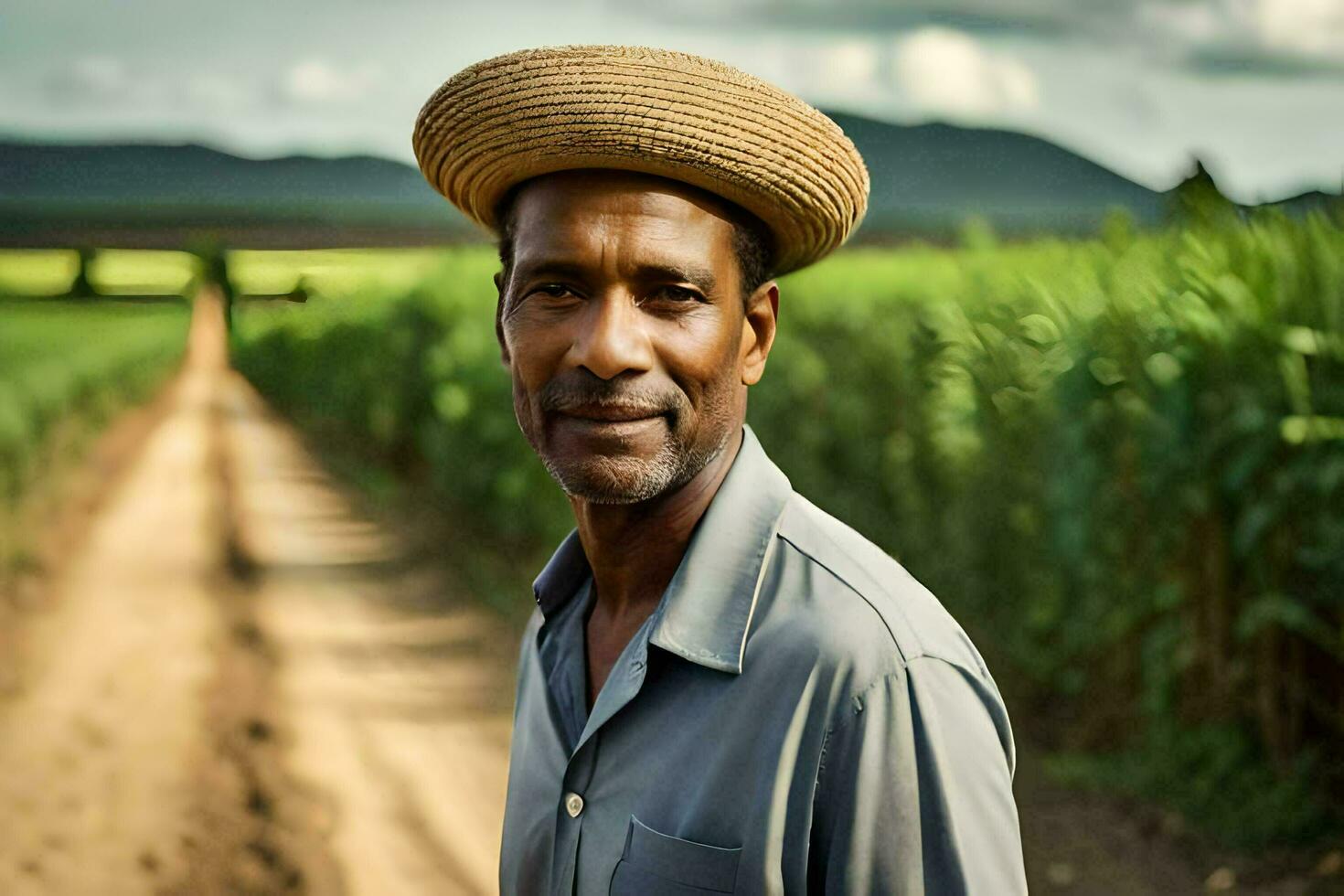 a man in a straw hat standing in a field. AI-Generated photo