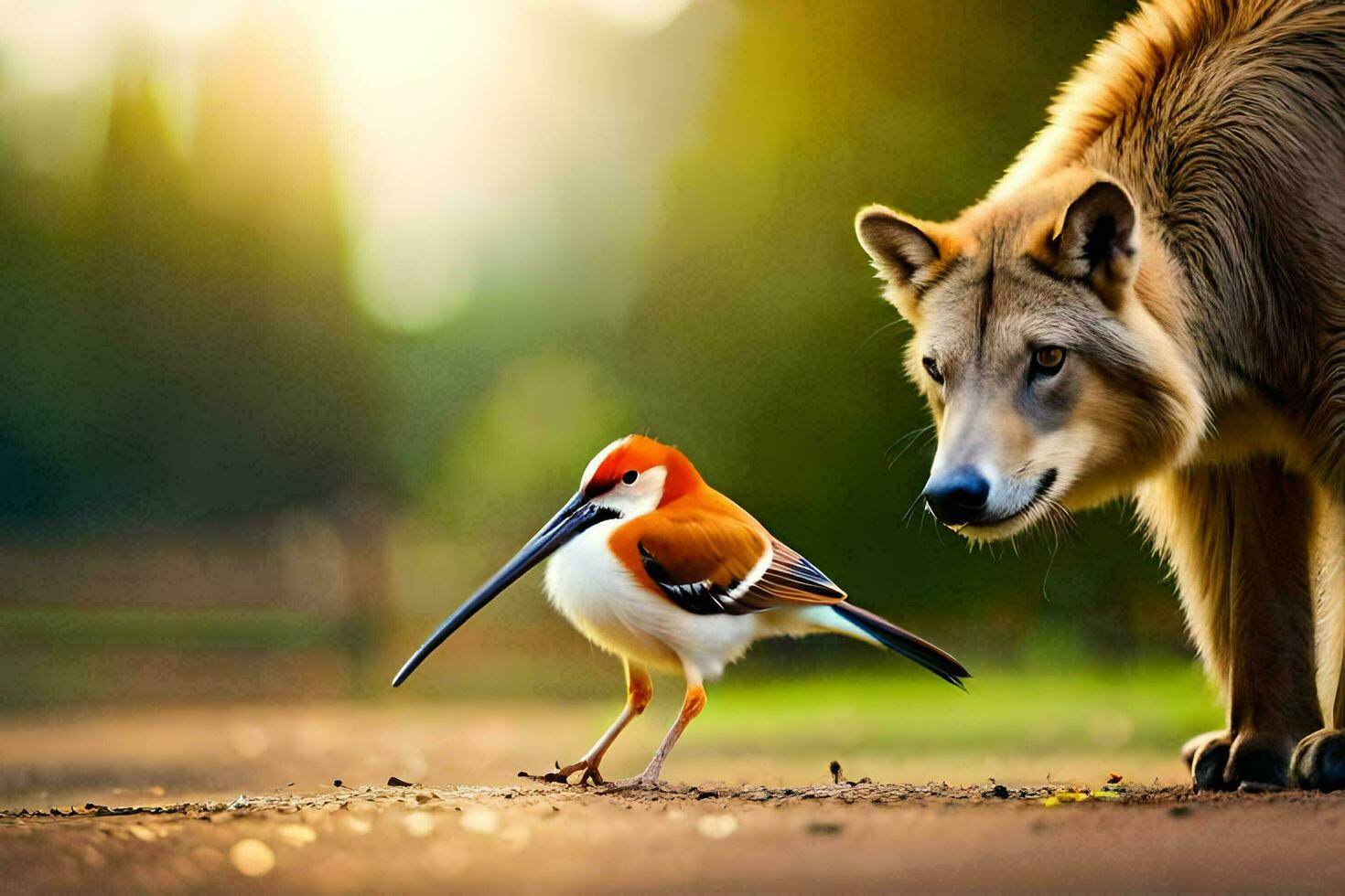 a wolf and a bird standing next to each other. AI-Generated photo