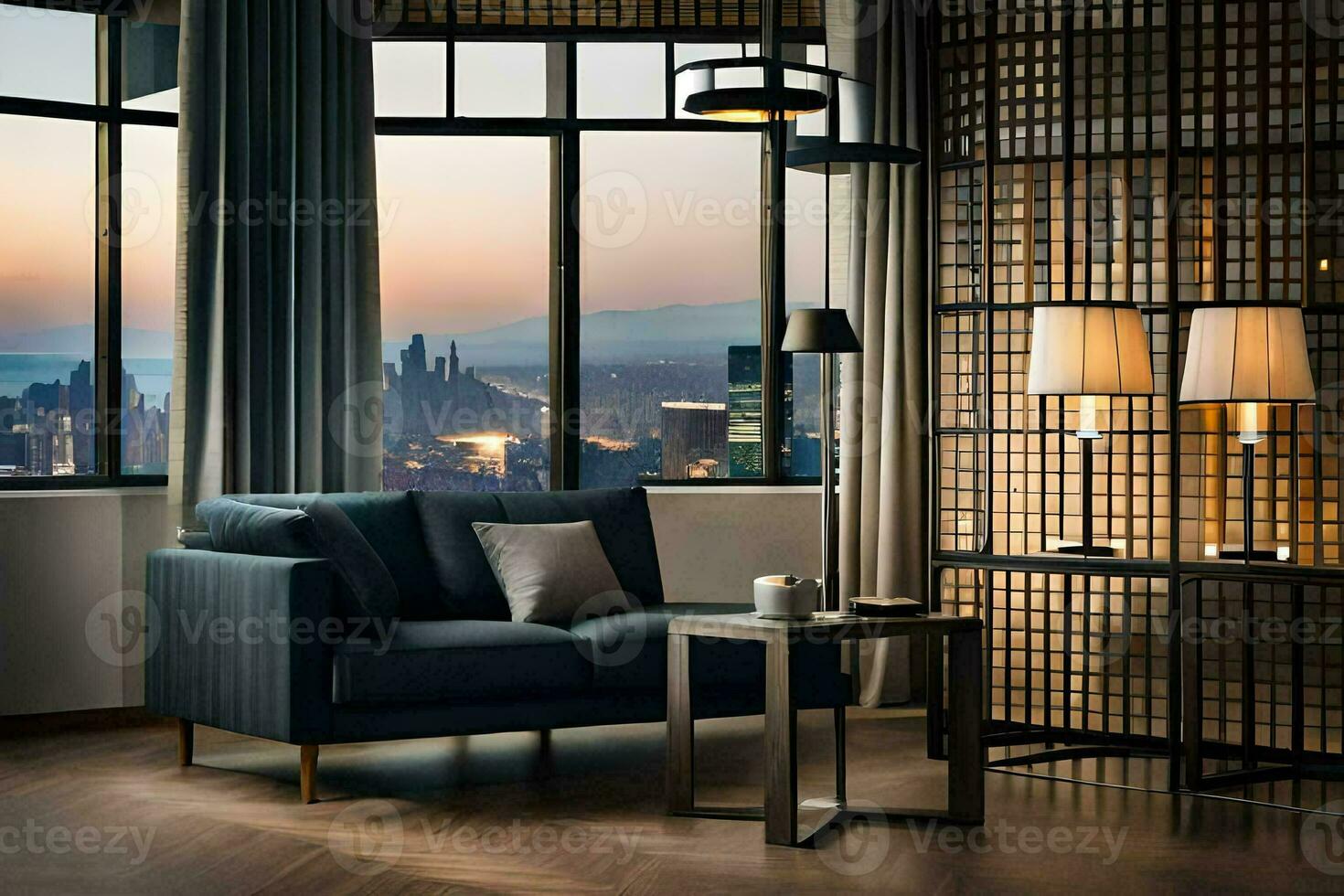 a living room with a view of the city. AI-Generated photo