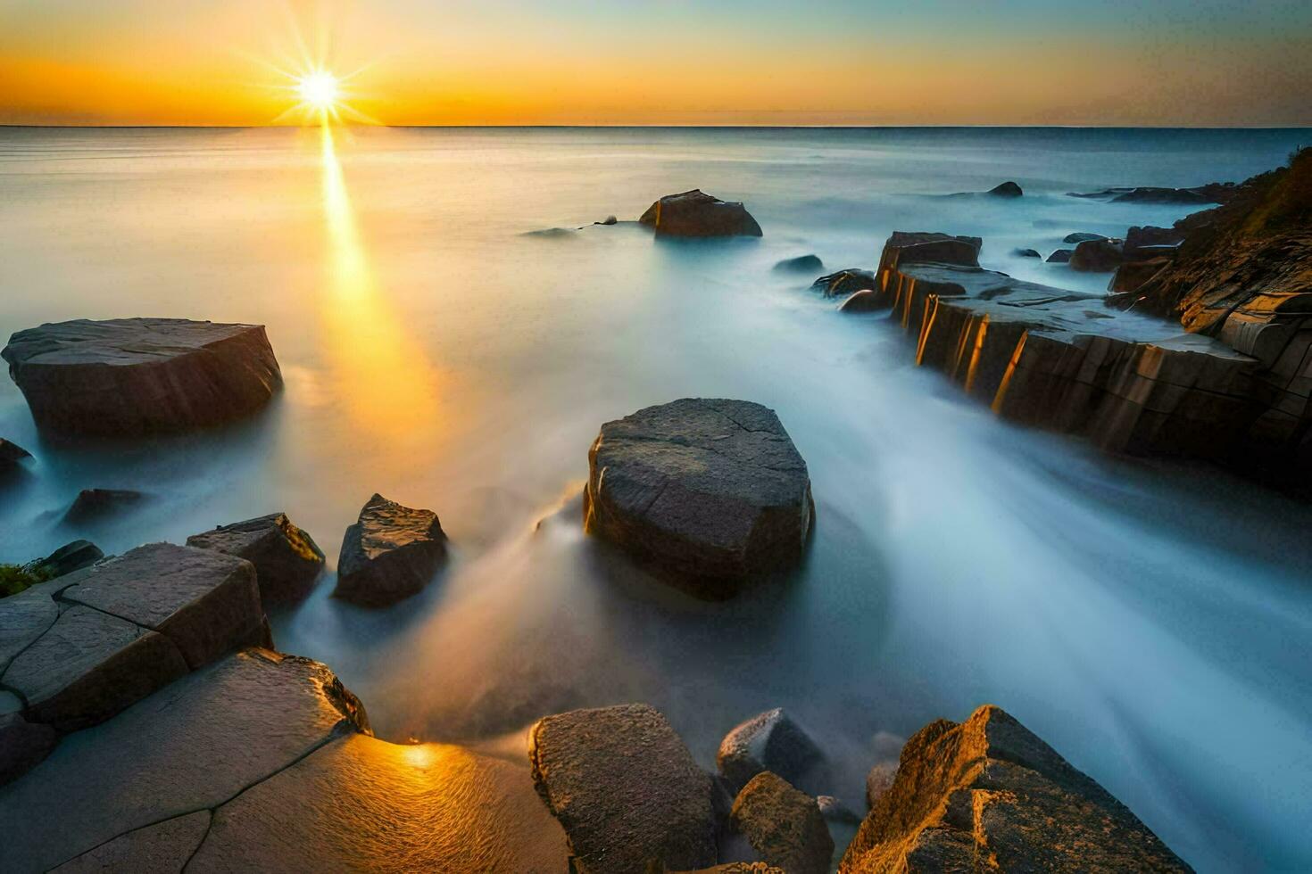 the sun rises over rocks in the ocean. AI-Generated photo