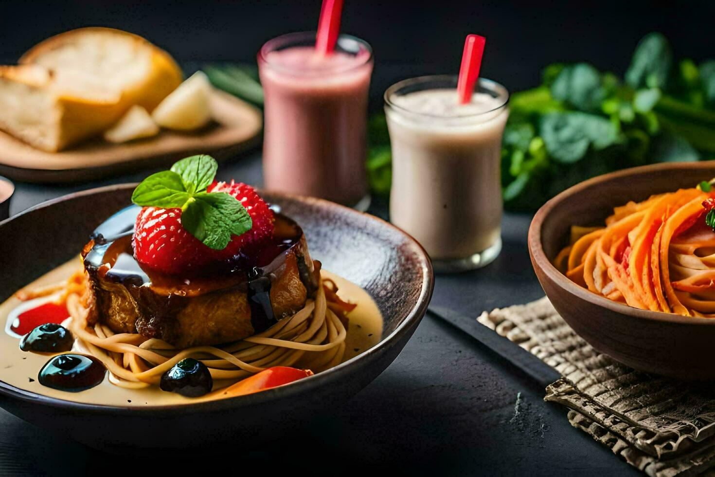 a plate of pasta, strawberries and a glass of milk. AI-Generated photo