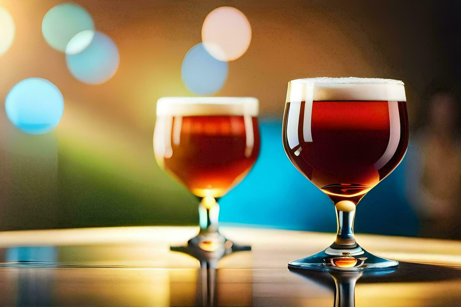 two glasses of beer on a table with a blurry background. AI-Generated photo