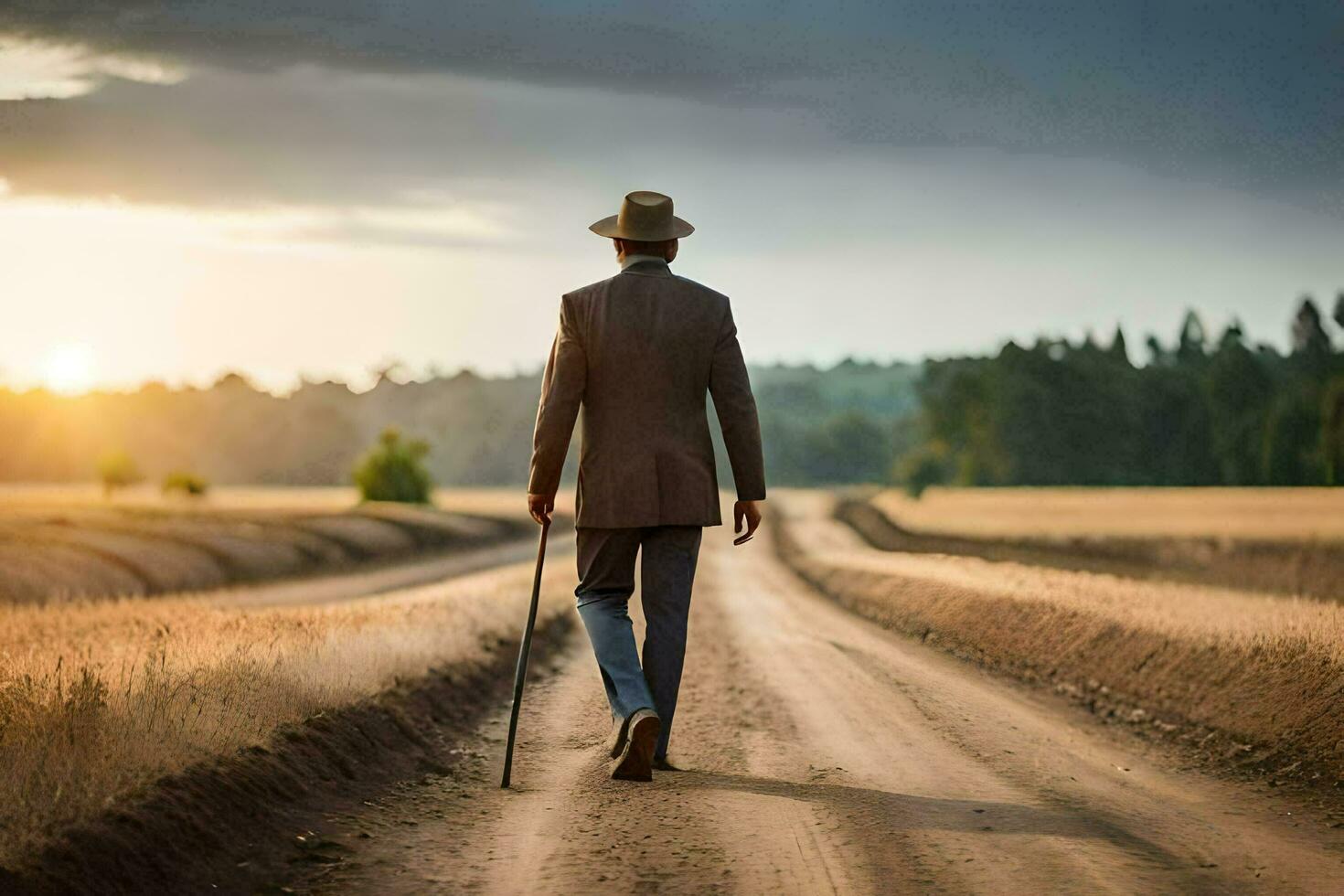 a man in a suit walks down a dirt road. AI-Generated photo