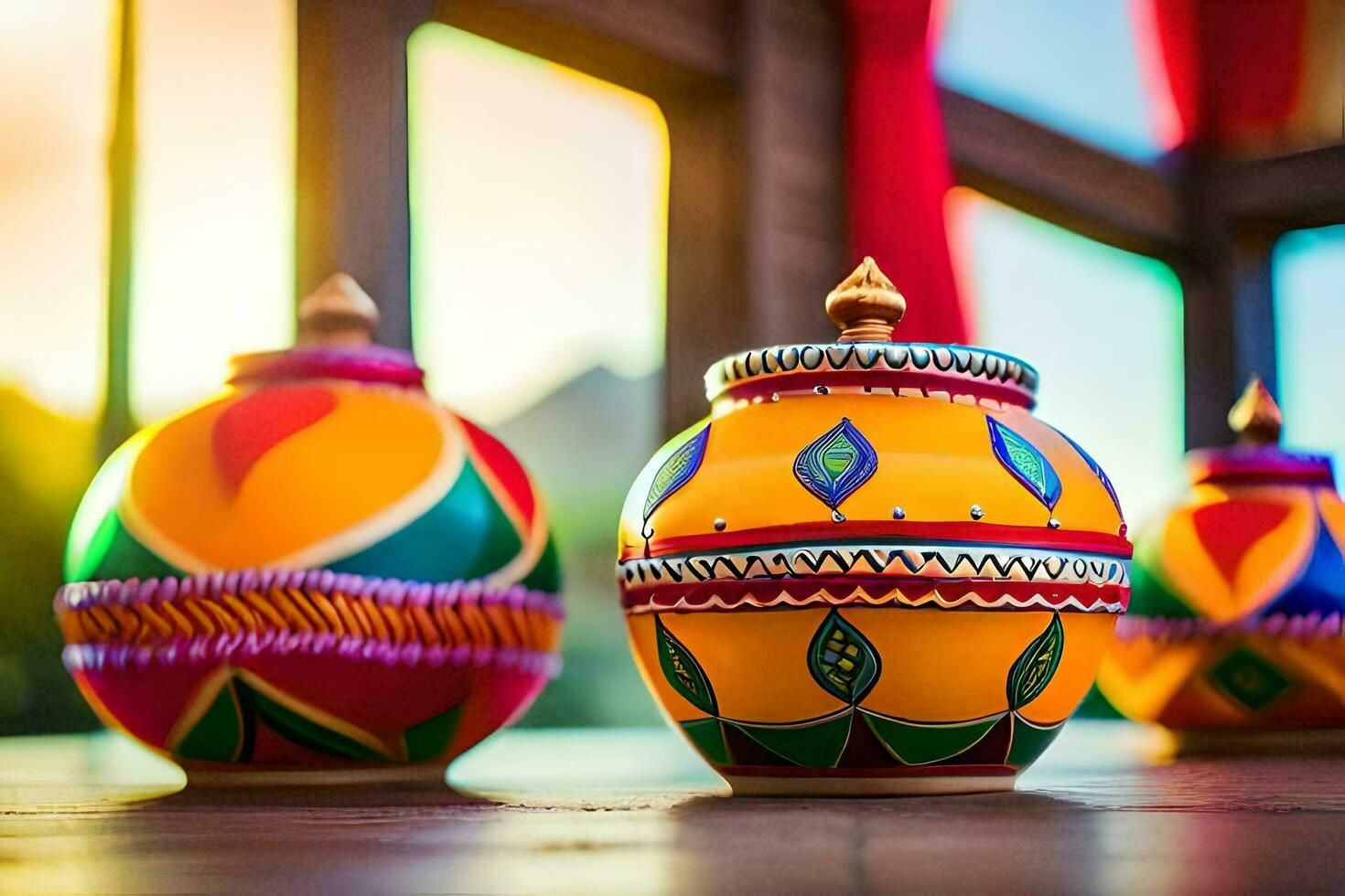 colorful pots on a table with a window in the background. AI-Generated photo