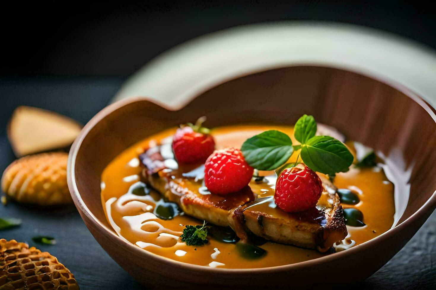 a bowl of soup with strawberries and bread. AI-Generated photo