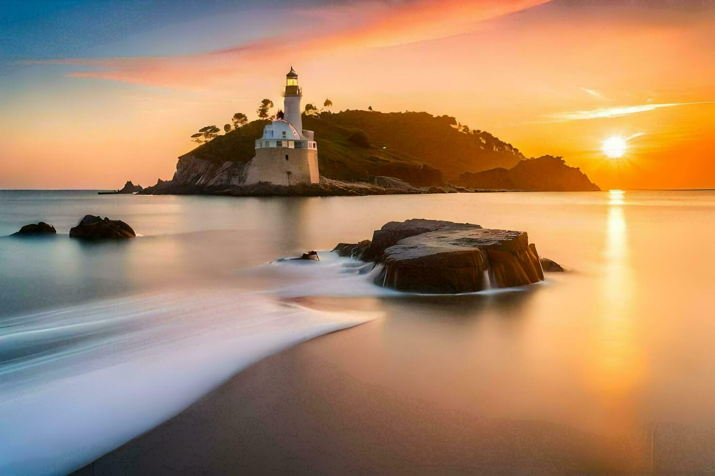 a lighthouse on the ocean at sunset. AI-Generated photo