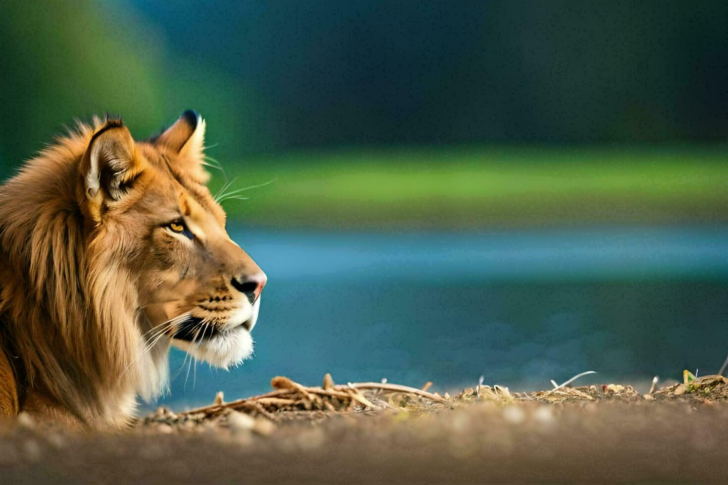 a lion sitting by the water. AI-Generated photo