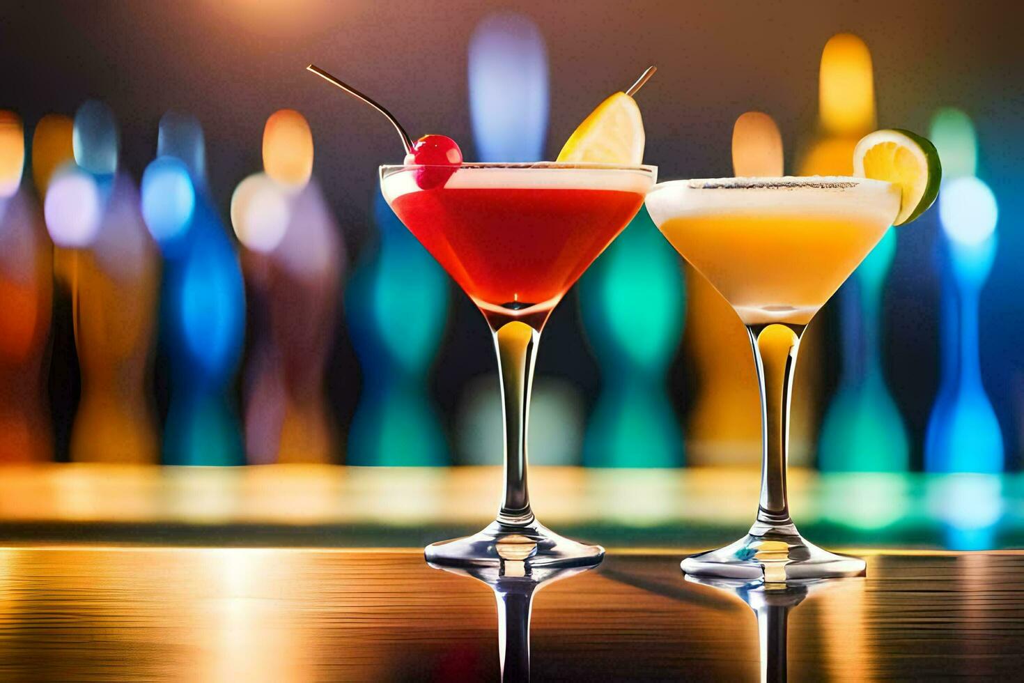 two cocktails on a bar counter with colorful lights. AI-Generated photo