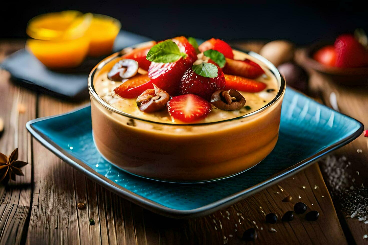 a dessert with strawberries and nuts on a wooden table. AI-Generated photo