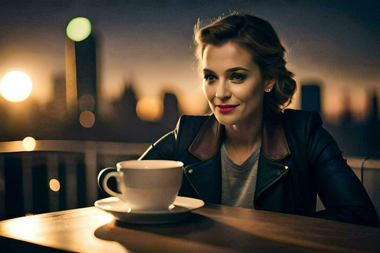 a woman sitting at a table with a cup of coffee. AI-Generated photo
