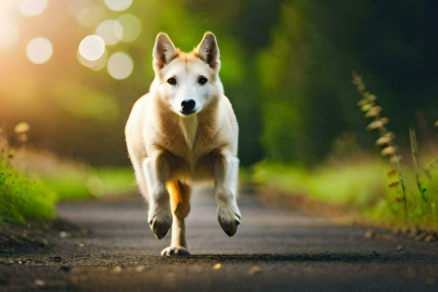 a white dog running on a road in the sunlight. AI-Generated photo