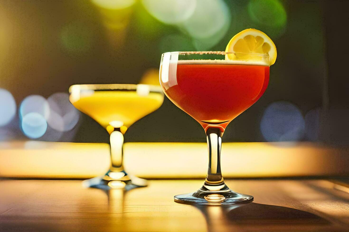 two cocktails sit on a table with a bright background. AI-Generated photo