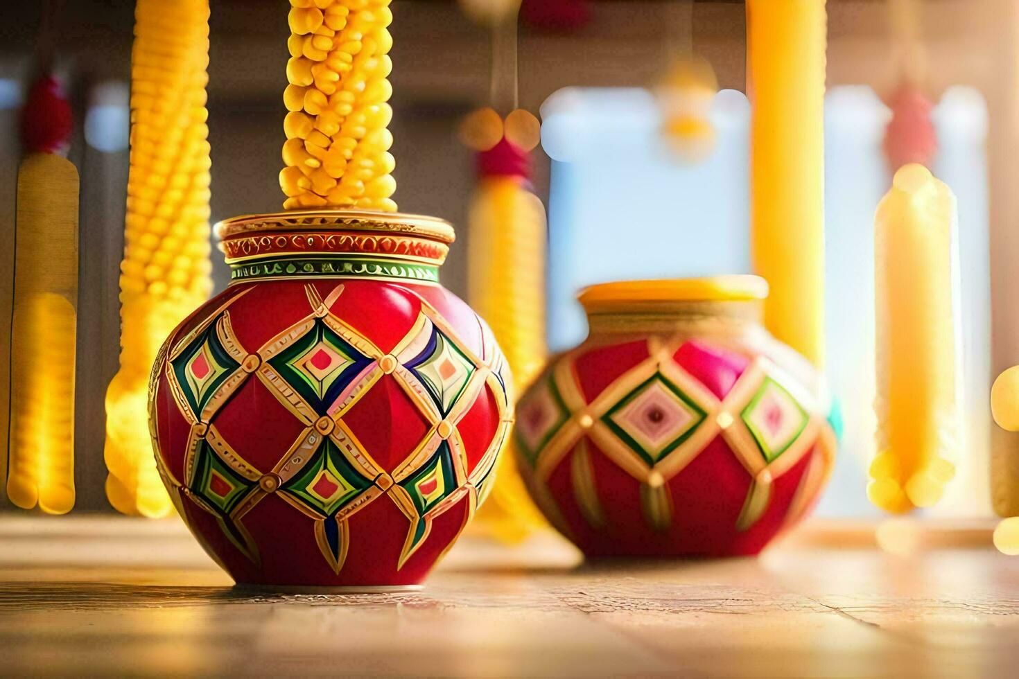 two colorful vases with yellow and red decorations. AI-Generated photo