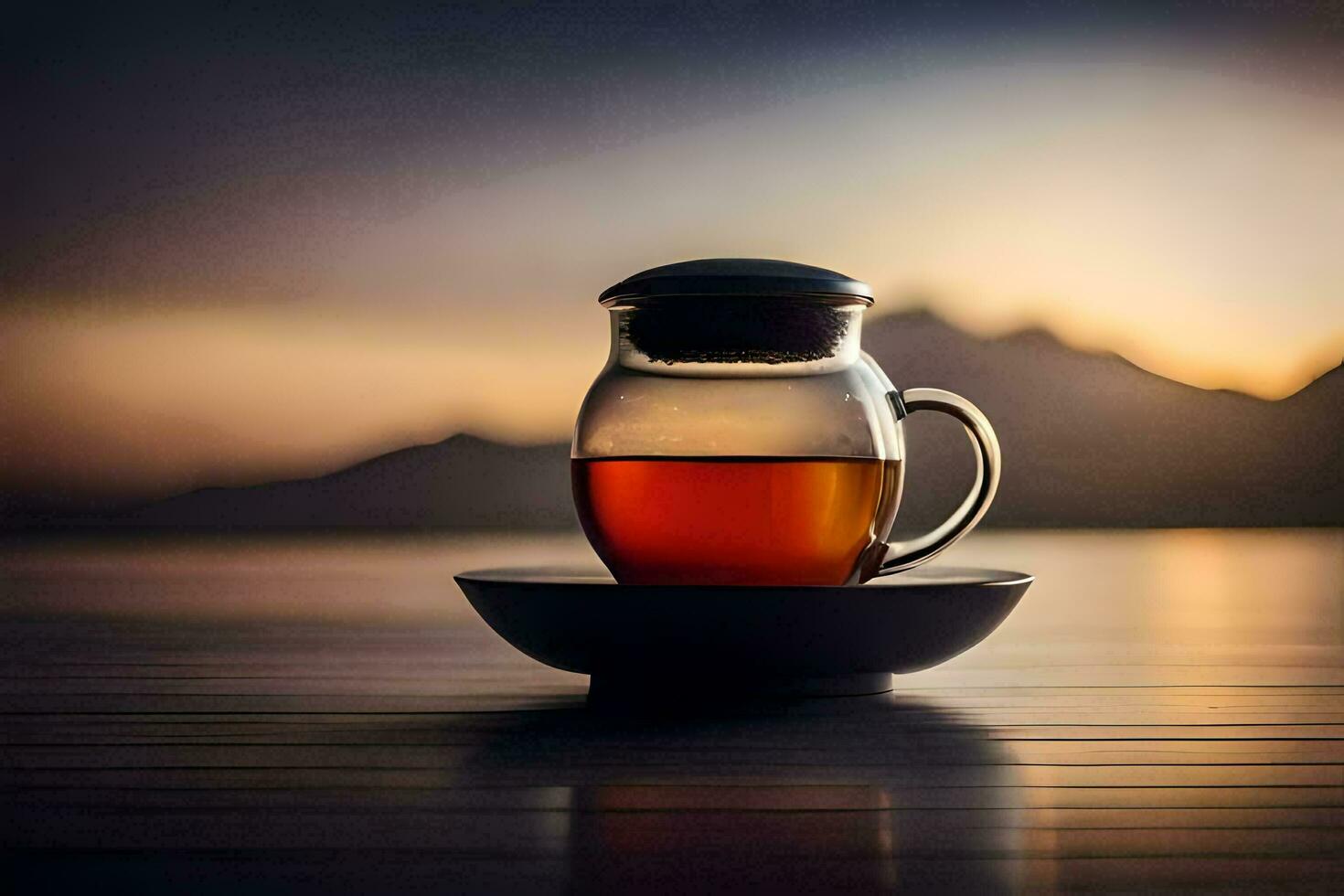 a cup of tea sits on a saucer in front of a lake. AI-Generated photo