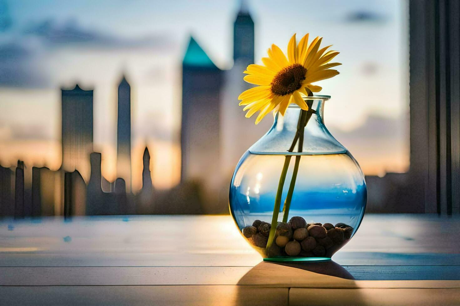 sunflower in vase with cityscape in background. AI-Generated photo