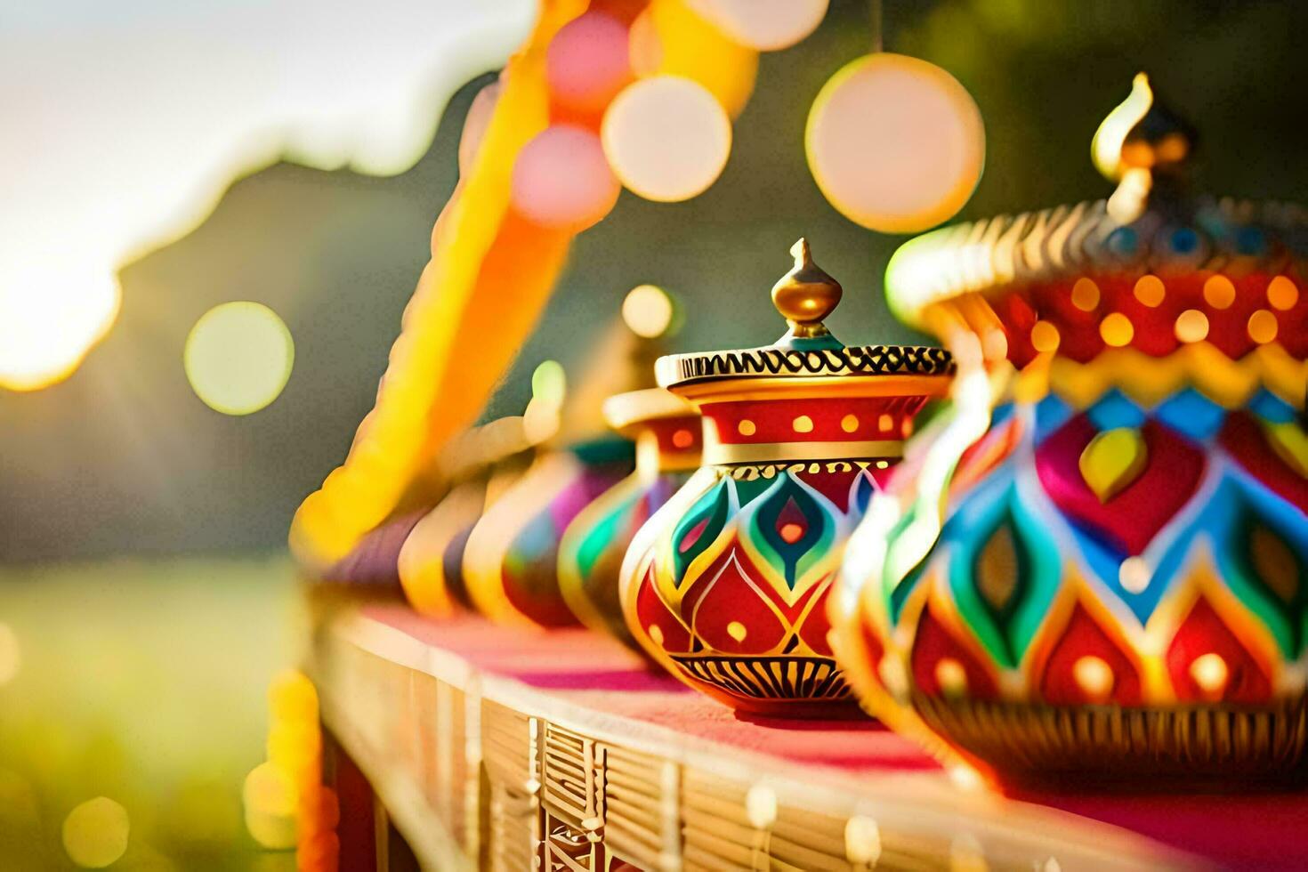 colorful lamps are lined up on a table. AI-Generated photo