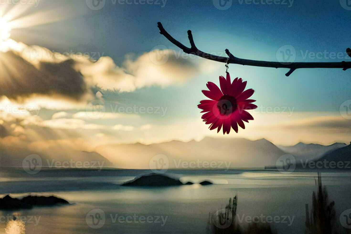 a red flower hangs from a branch over a lake. AI-Generated photo