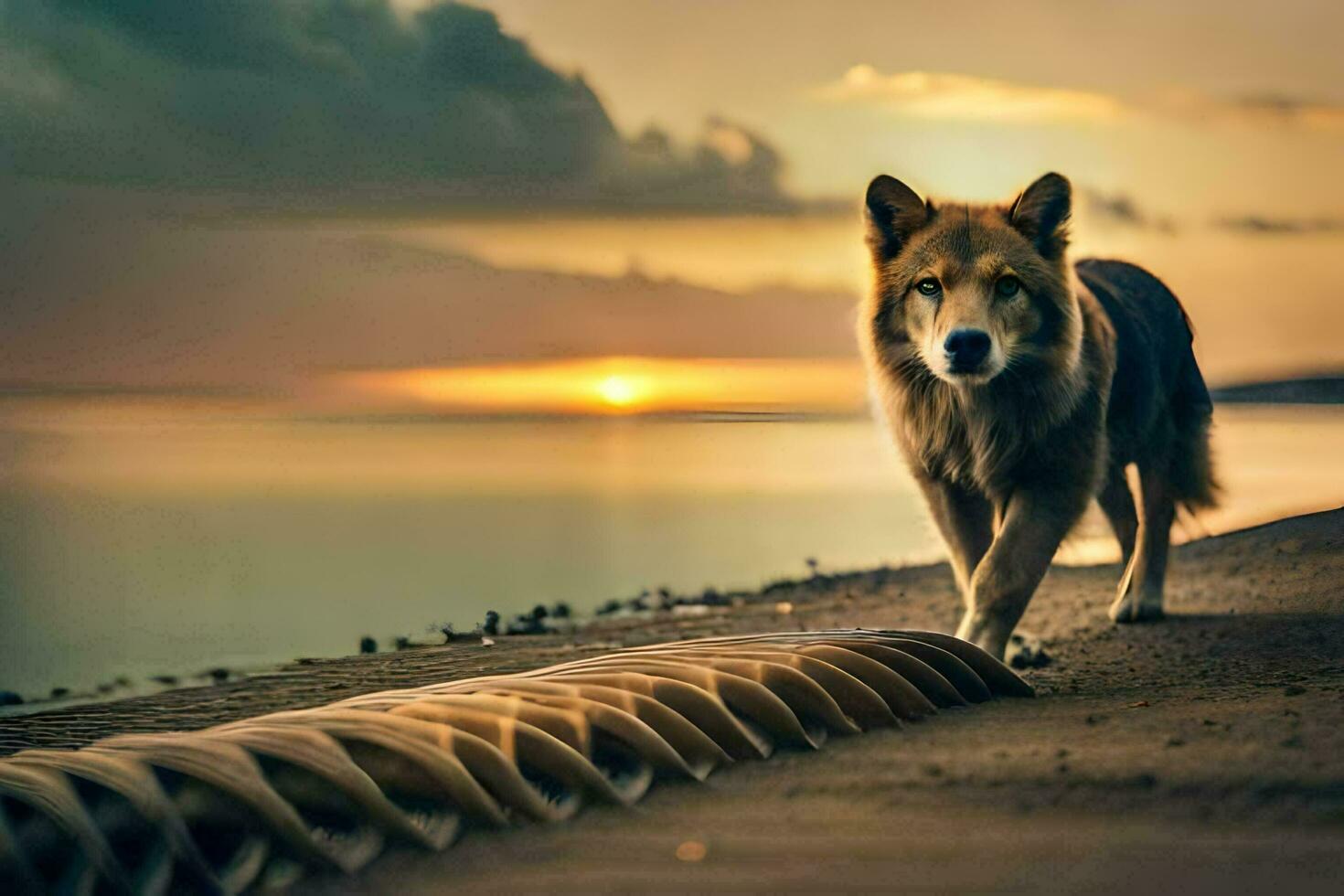a dog walking along the beach at sunset. AI-Generated photo