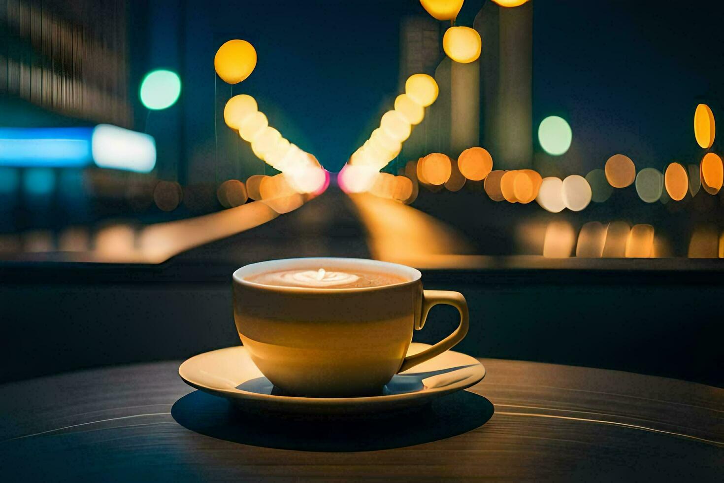 a cup of coffee on a table in front of a city at night. AI-Generated photo