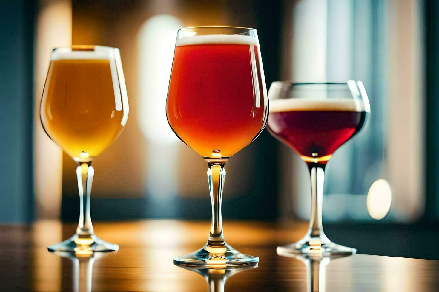 three different types of beer are shown on a table. AI-Generated photo