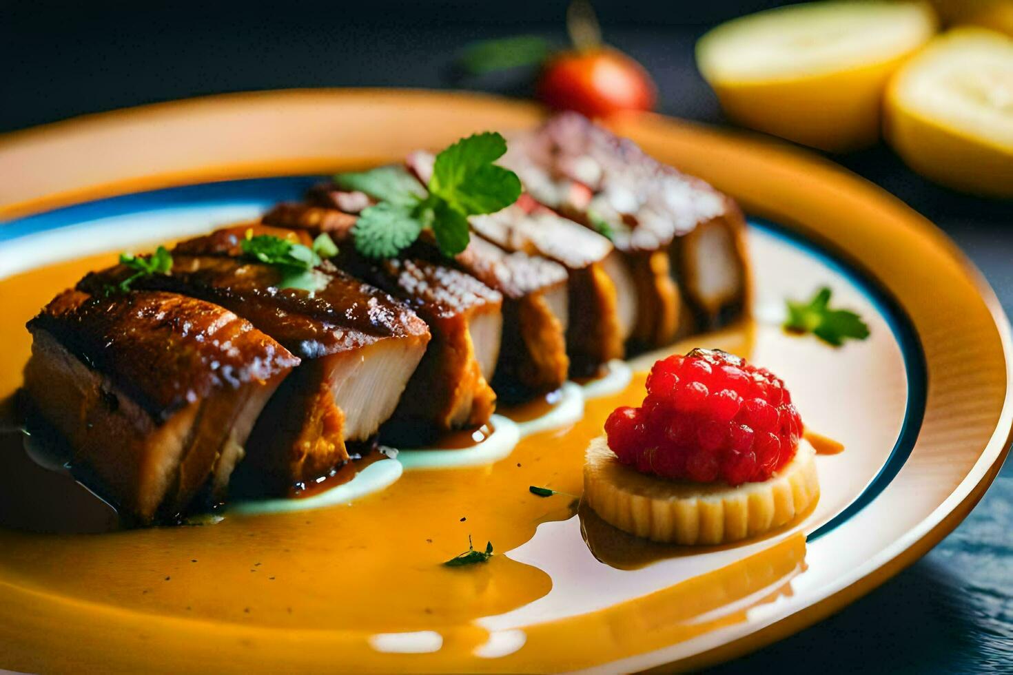 a plate with meat and berries on it. AI-Generated photo