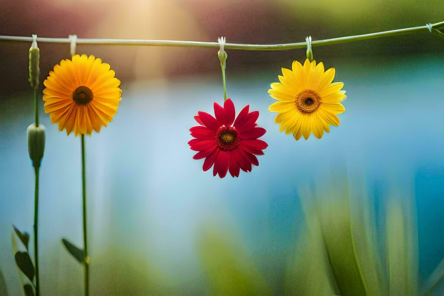 colorful flowers hanging from a clothesline. AI-Generated photo