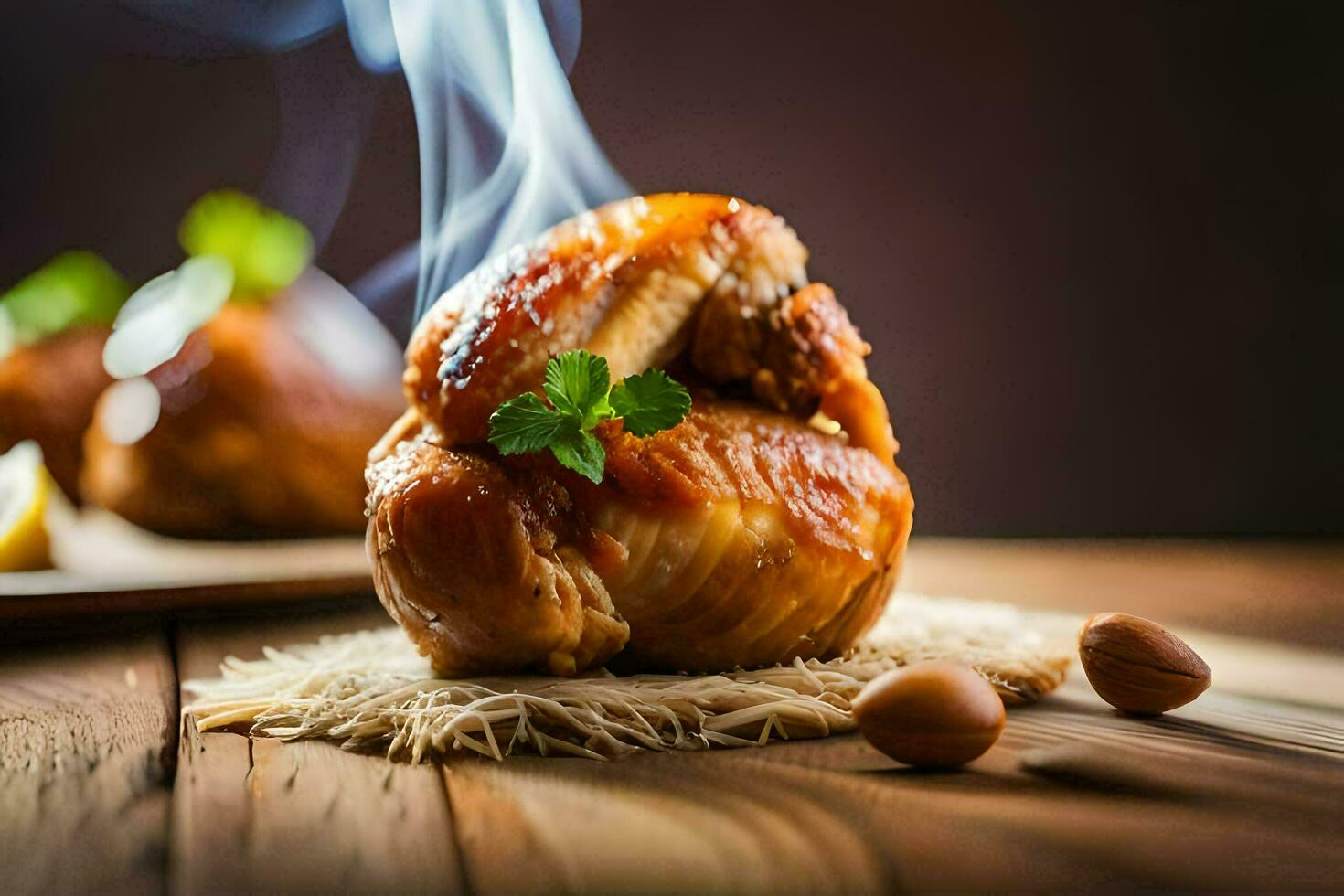 a chicken with smoke and herbs on a wooden table. AI-Generated photo