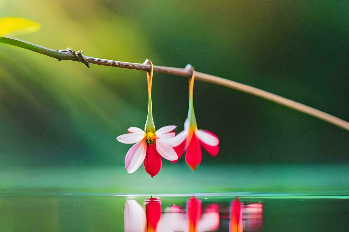 two red flowers hanging from a branch over water. AI-Generated photo