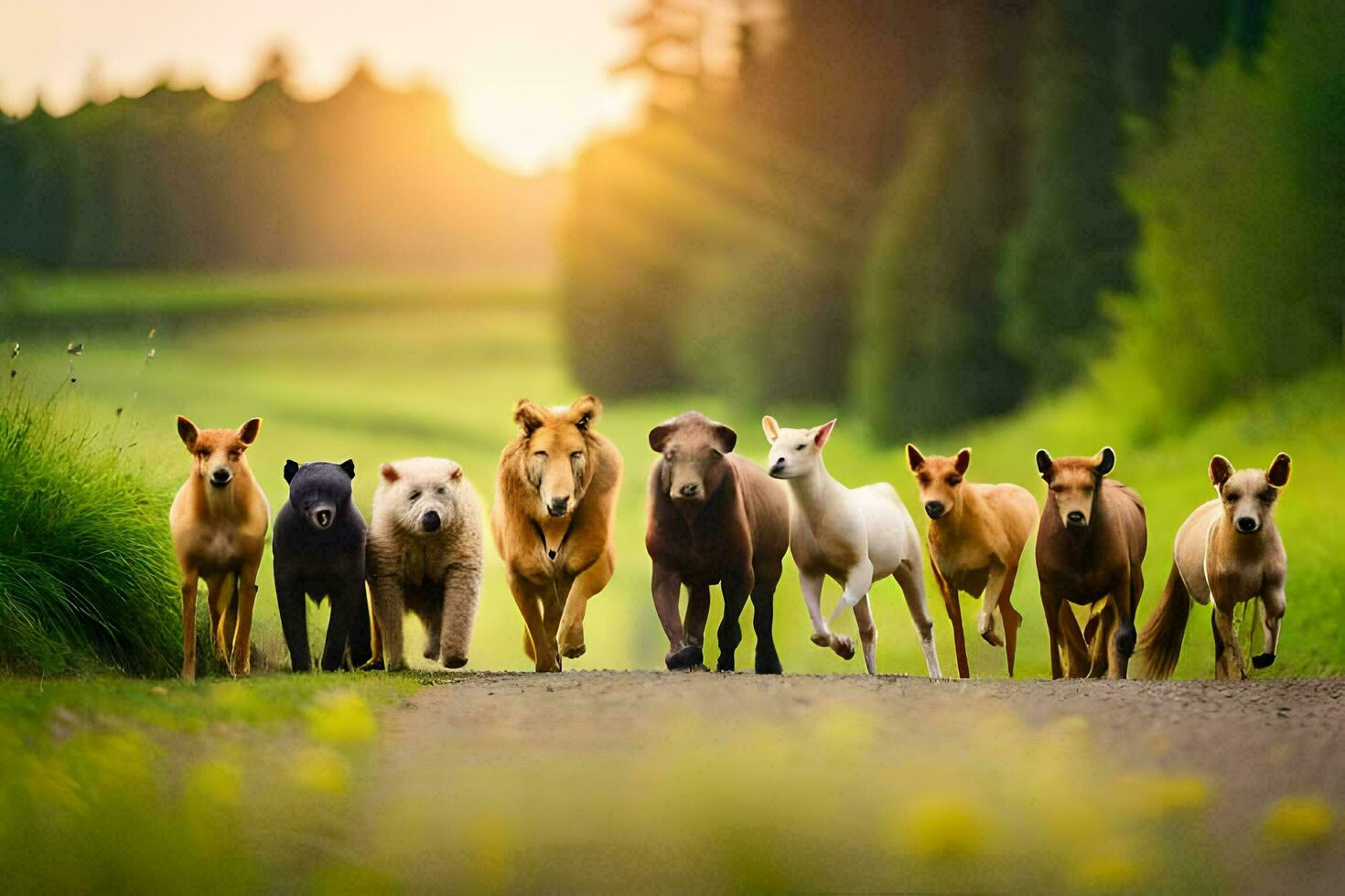 a group of horses running down a road. AI-Generated photo