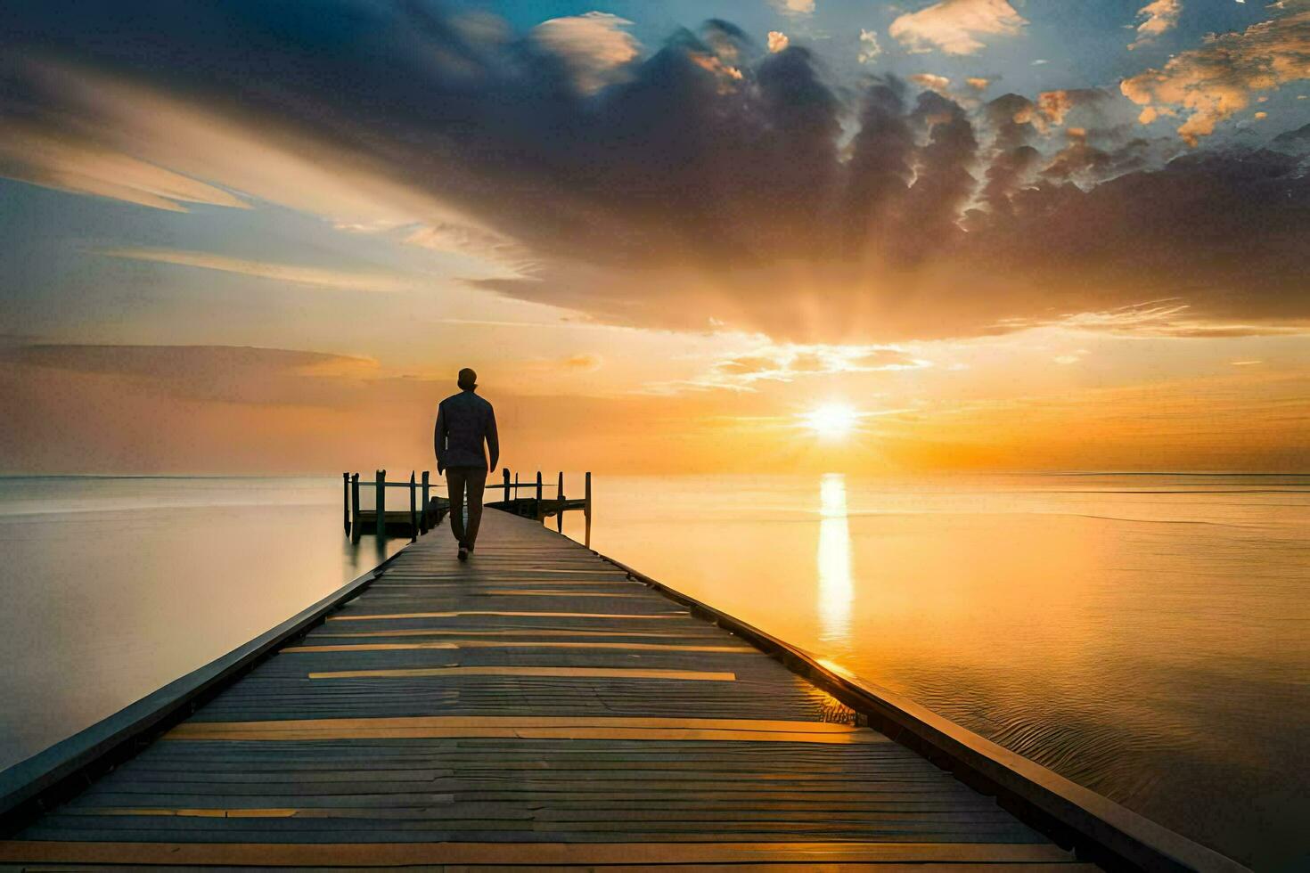 a man walks along a pier at sunset. AI-Generated photo