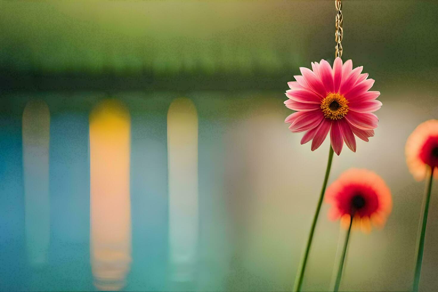 pink flowers on a chain hanging from a tree. AI-Generated photo