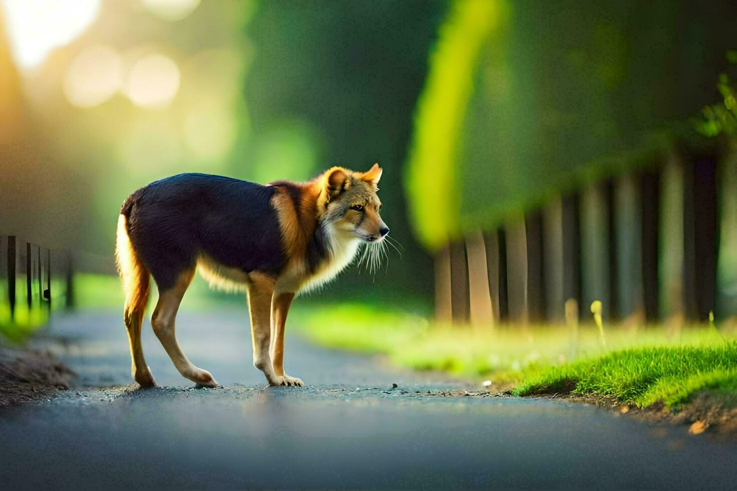 a dog walking on a road in the middle of the day. AI-Generated photo