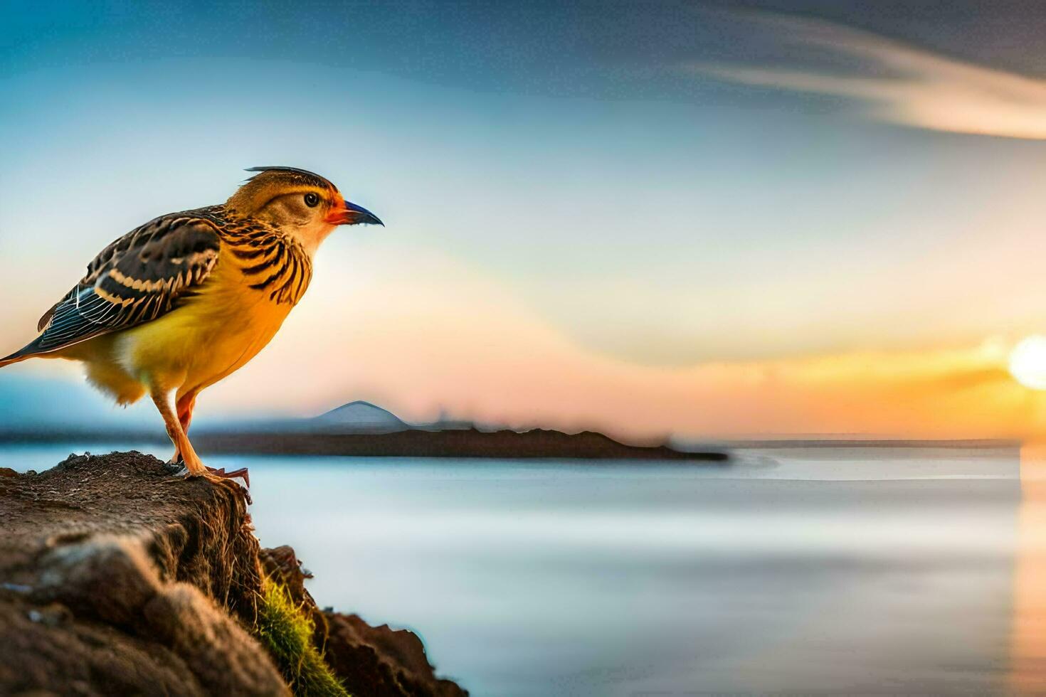 a bird is standing on a rock at sunset. AI-Generated photo