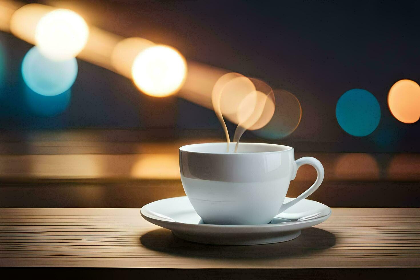 a cup of coffee on a wooden table. AI-Generated photo