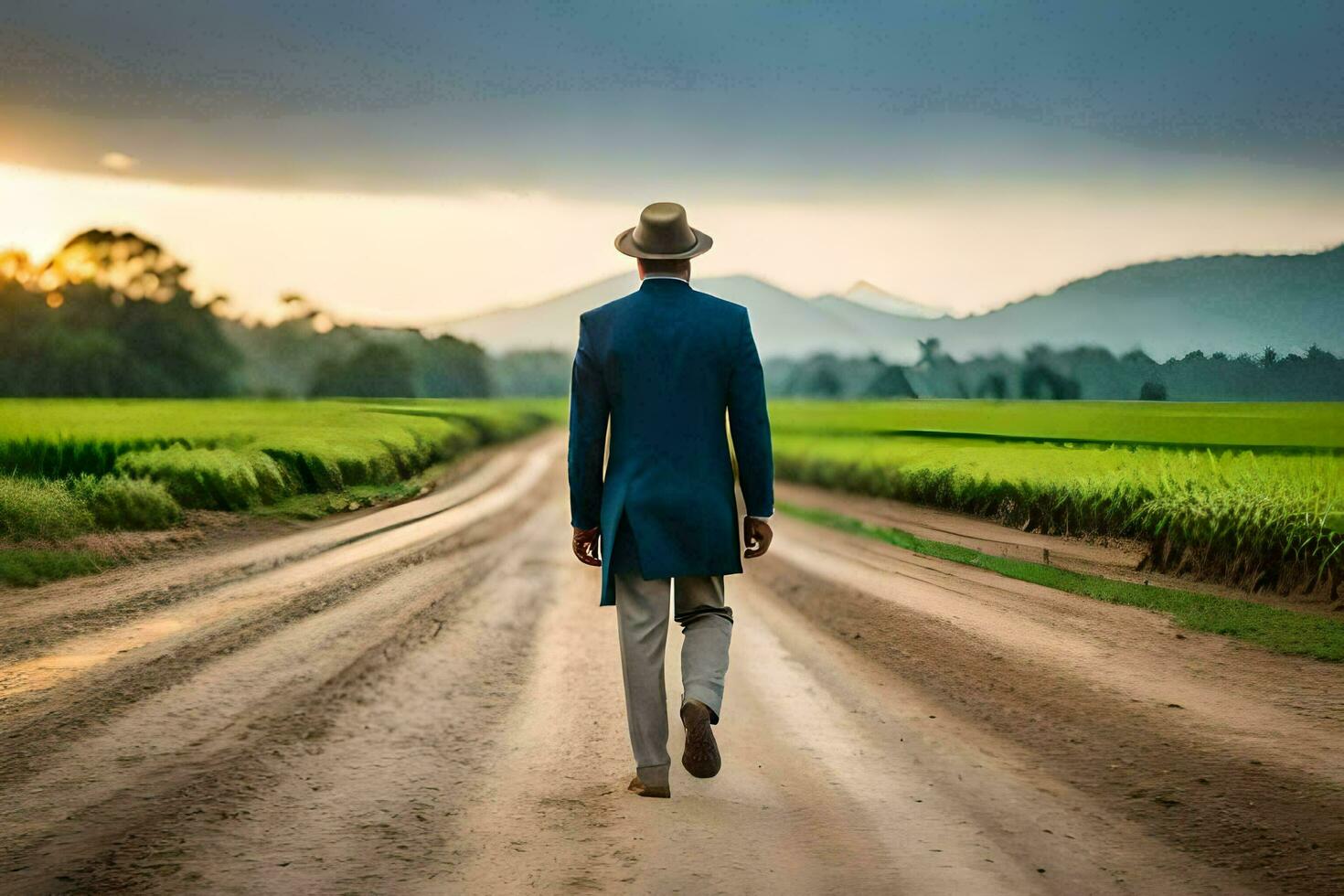 a man in a suit and hat walking down a dirt road. AI-Generated photo