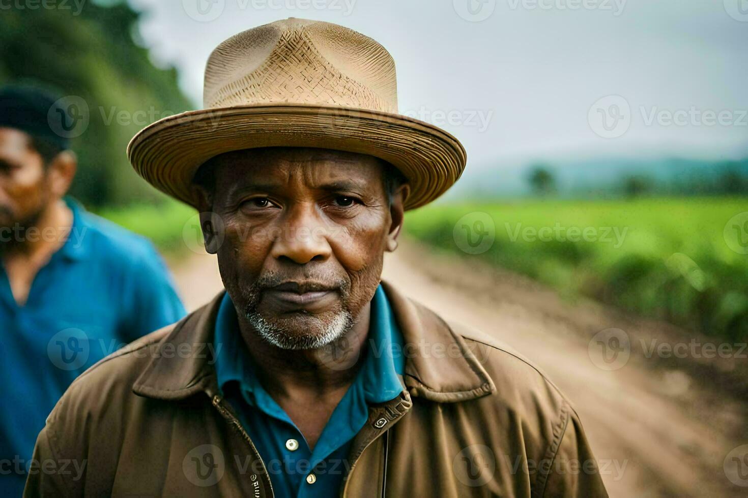 a man in a hat stands in a field. AI-Generated photo